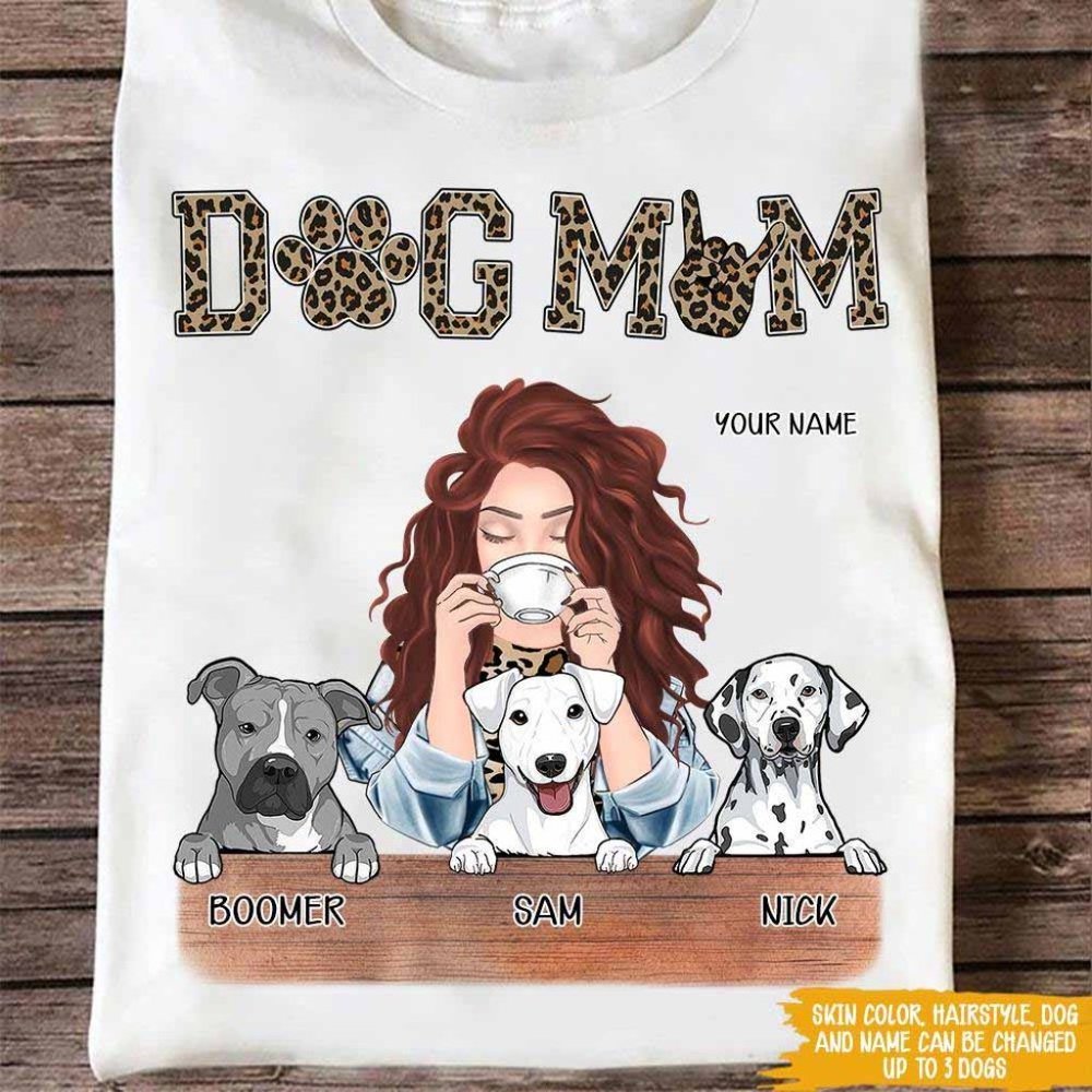 Custom Dog Mom T-Shirt, Dog Mom Leopard Personalized Name Mother's Day Shirt